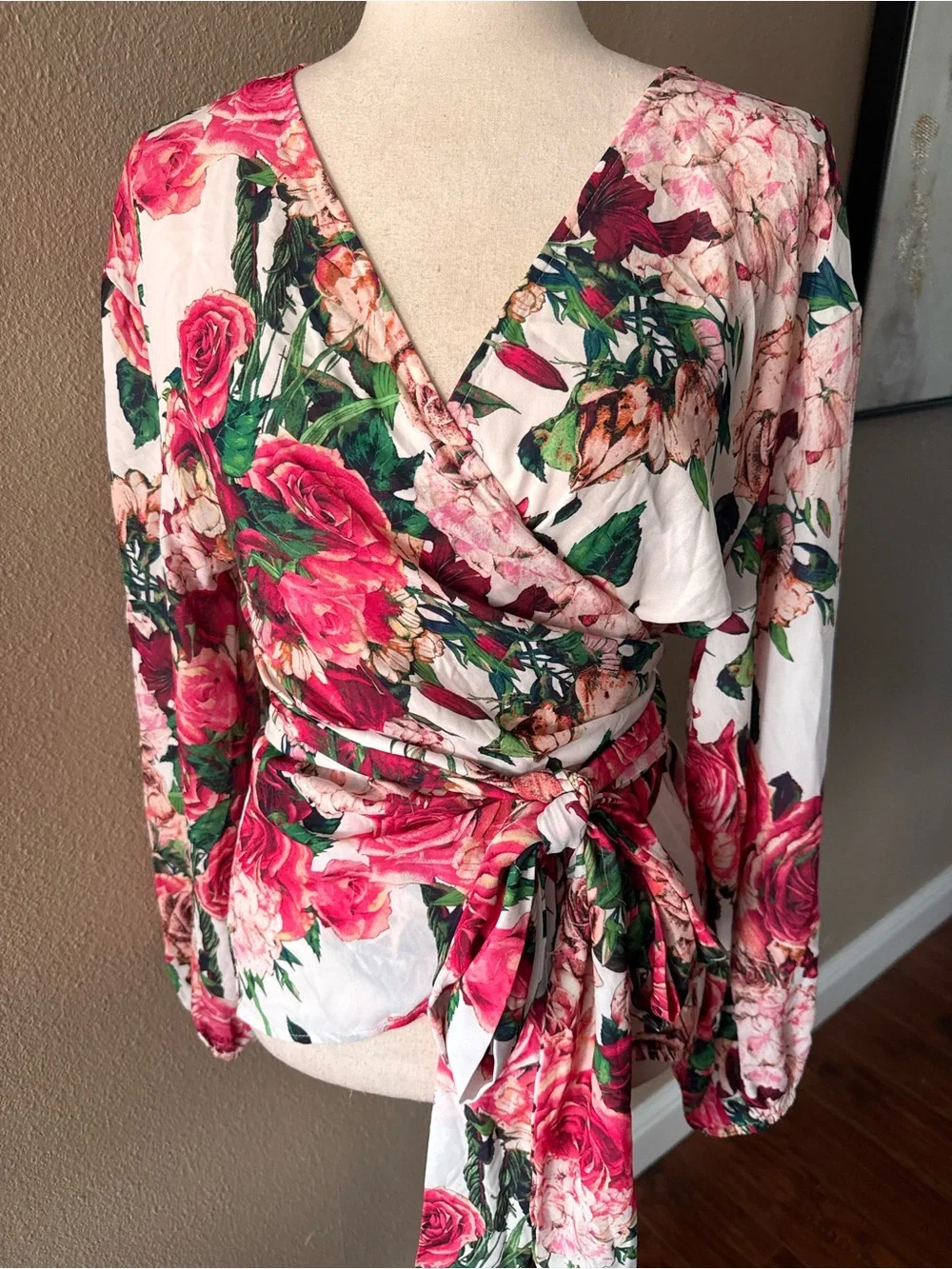 Jealous Tomato Floral Wrap Blouse in Ivory, Rose, Green
